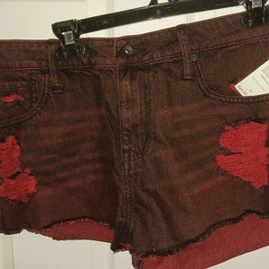 New red and black denim shorts